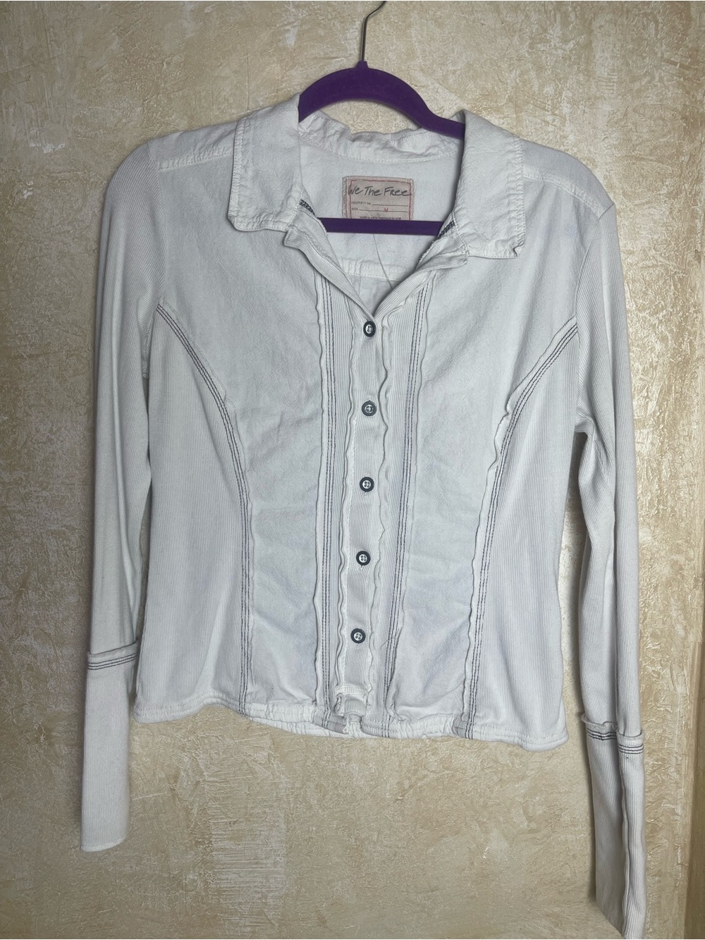 Free People We The Free Tiny Woven Top Cream Ribbed Contrast Stitch Shacket M - Picture 6 of 13